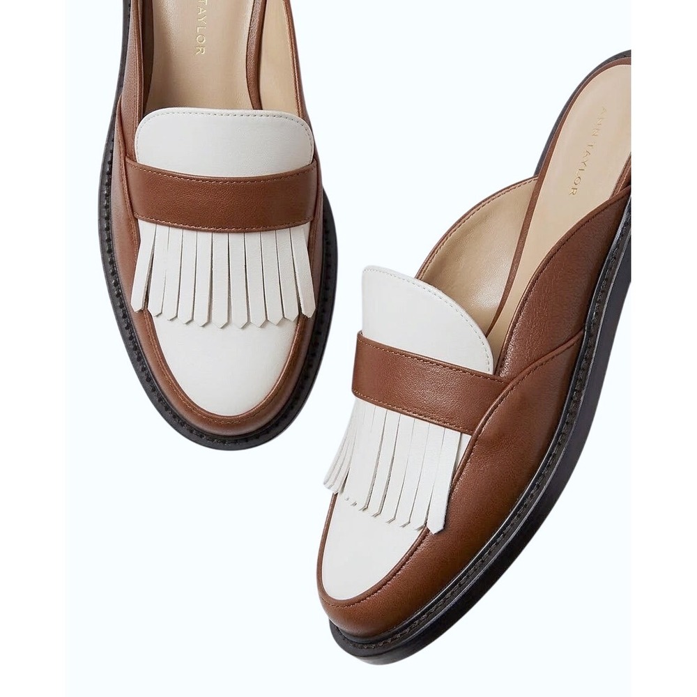 Ann Taylor Kiltie Fringe Leather Loafer Mule Slides 8.5 Brown White Preppy Golf